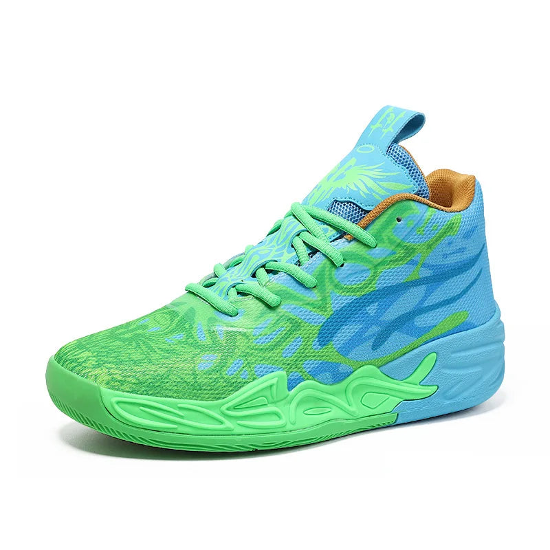 Men Professional Basketball Shoes High Top Athletic Sneakers Mesh Shock Absorption Blue Red Flame Graphic Training Footwear