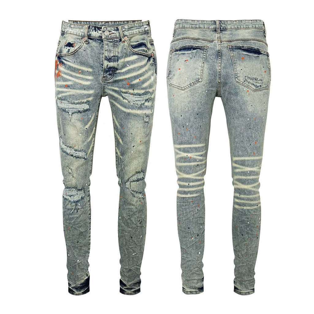 Wholesale Streetwear Jeans Pleated Tapered Trousers Men Elastic Damaged Beggi Pants Slim Fit Jeans