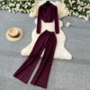 Fashion Sweater Set Women's Loose Casual Retro Lapel Short Long-sleeved Sweater Women's High-waisted Wide-leg Pants