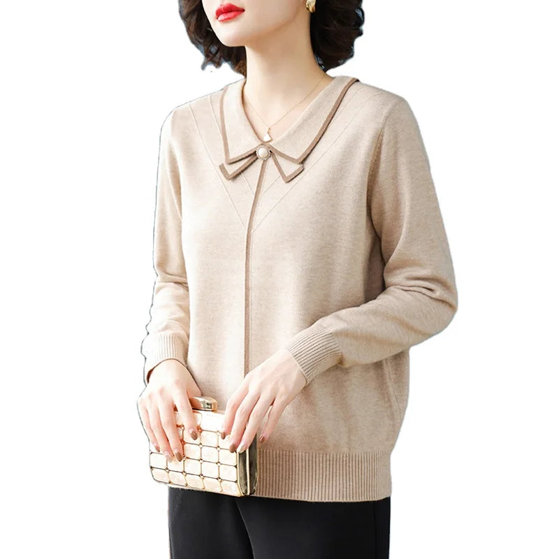 Fashion Lady Slash Collar Long Sleeve Elegant Sweater Shirt