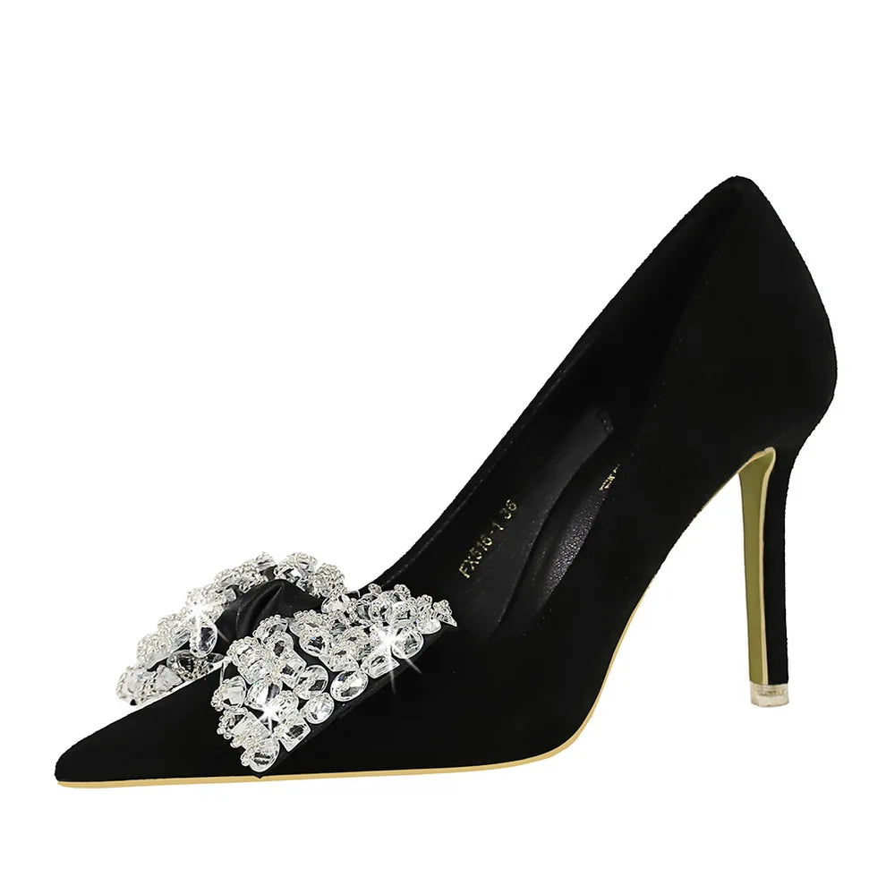 Fashion Banquet High Heels Slim Heel Suede Shallow Mouth Pointed Rhinestone Bow Tie Single Shoes Women's Shoes