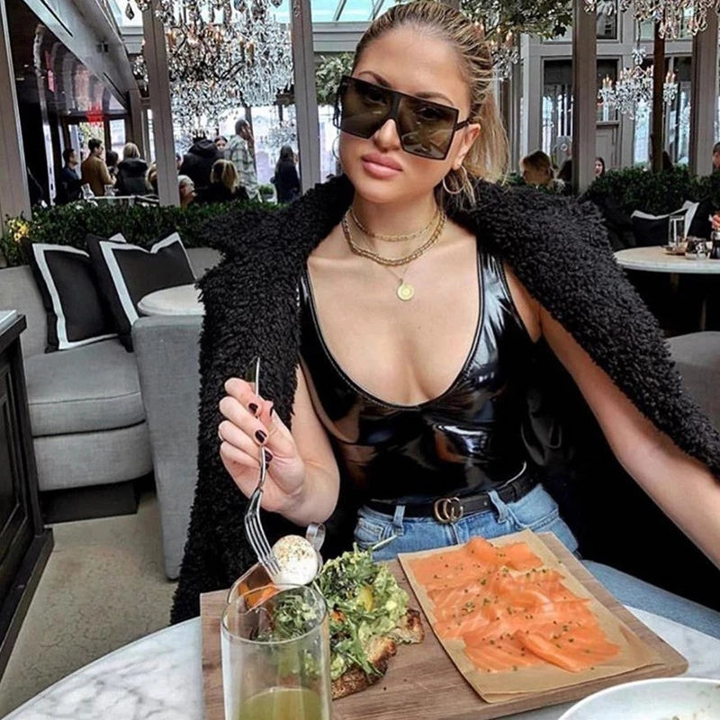 Leather Black Bodysuit Women Female 2021 V-Neck Backless Jumpsuit Sexy Bodycon Bodys Summer Pu Black Bodysuits Female