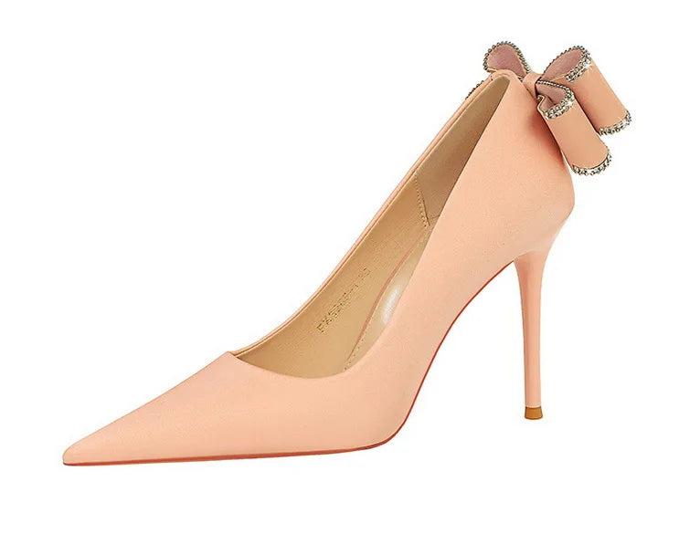 Designer Women's Pumps 20023 Satin Bow Shoes Female Sweet Stiletto Heels for Ladies