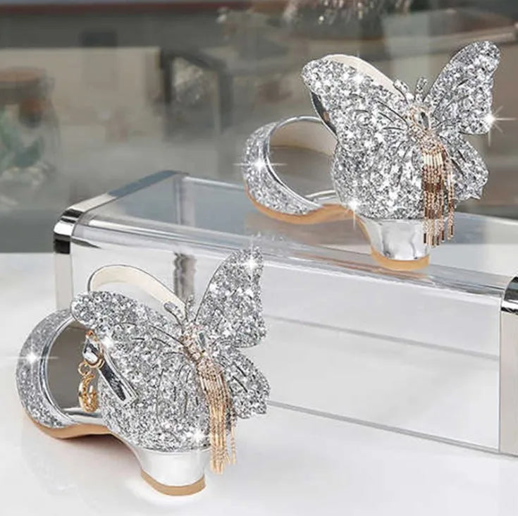 Princess Kids Leather Shoes For Girls Glitter Butterfly Knot Dress Banquet Party Children High Heel Shoe For kids Girls Sandals