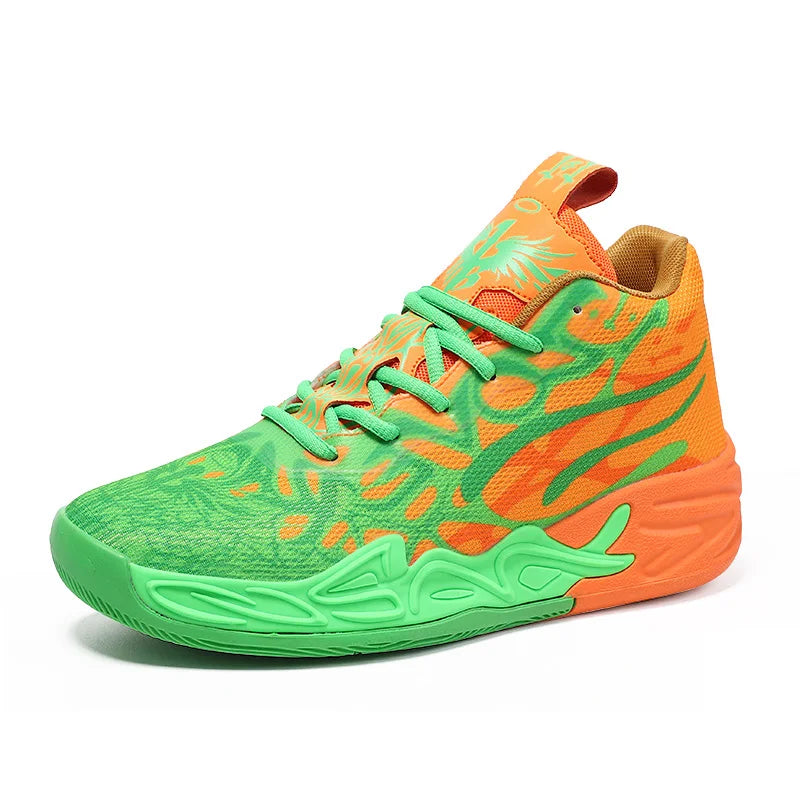 Men Professional Basketball Shoes High Top Athletic Sneakers Mesh Shock Absorption Blue Red Flame Graphic Training Footwear