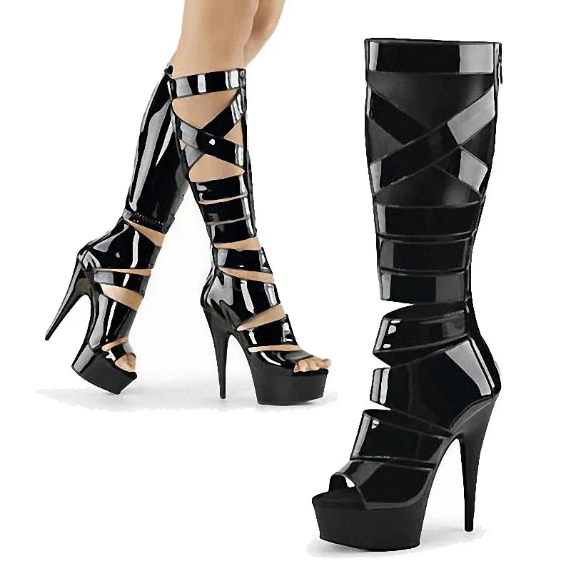 Stage Sexy High Heels, Women's Motorcycle Boots, 15 cm Stiletto Boots, Black Knee-high Boots Cross Dressing Shoes
