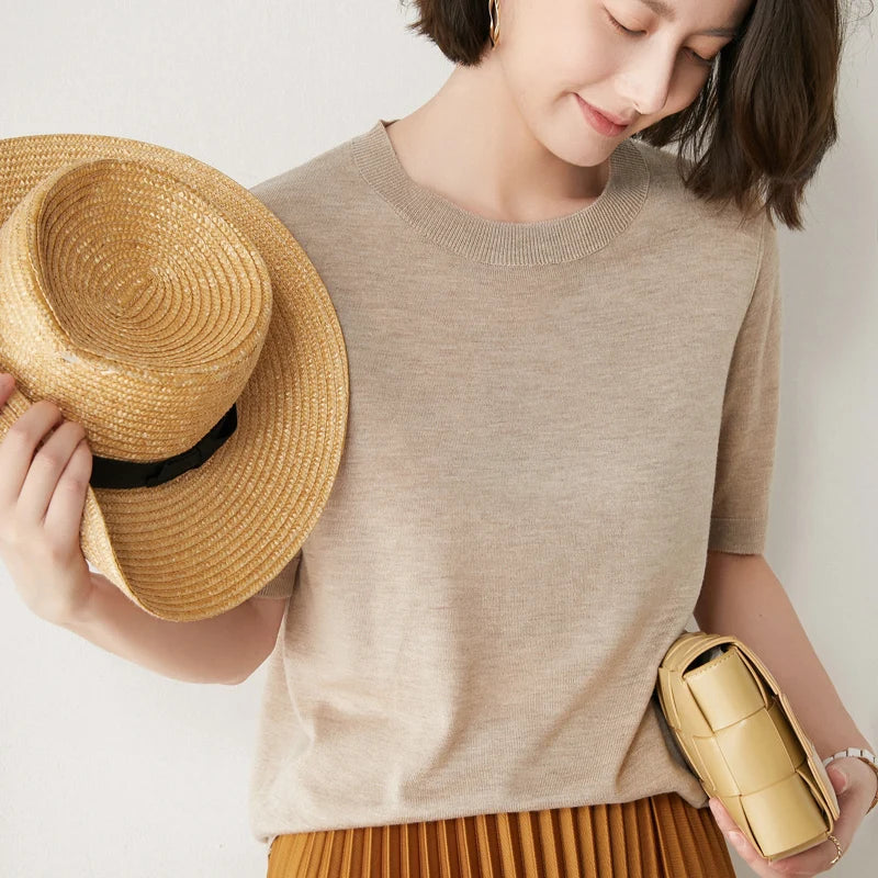 New Arrival Summer Cashmere Wool Sweater Spring Summer Women Solid Short Sleeve O-neck Pullovers Knitted Sweaters