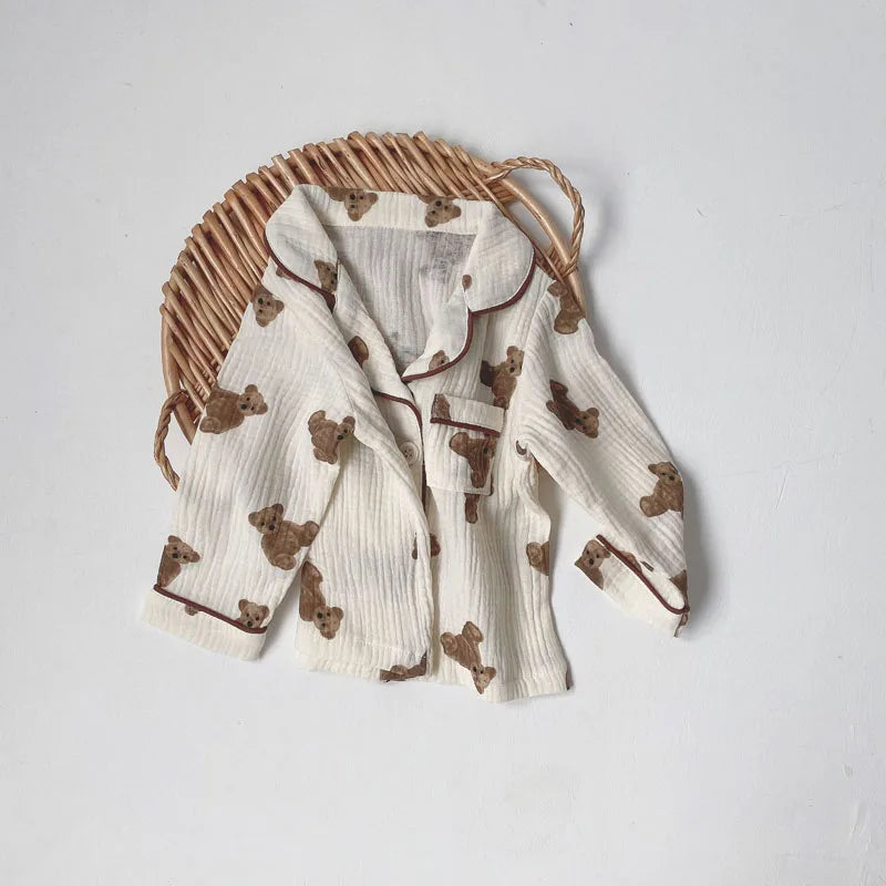 2Pcs Autumn New Kids Pajamas Korean Long Sleeve Print Bear Cardigan And Pants Cotton Musline Yarn Sleepwear