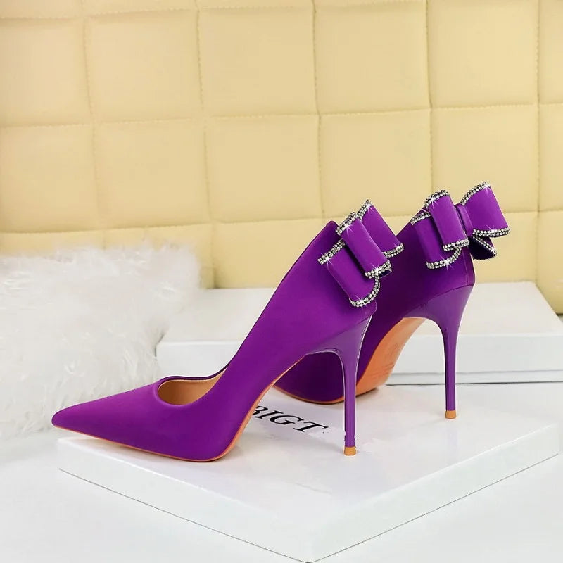 Designer Women's Pumps 20023 Satin Bow Shoes Female Sweet Stiletto Heels for Ladies