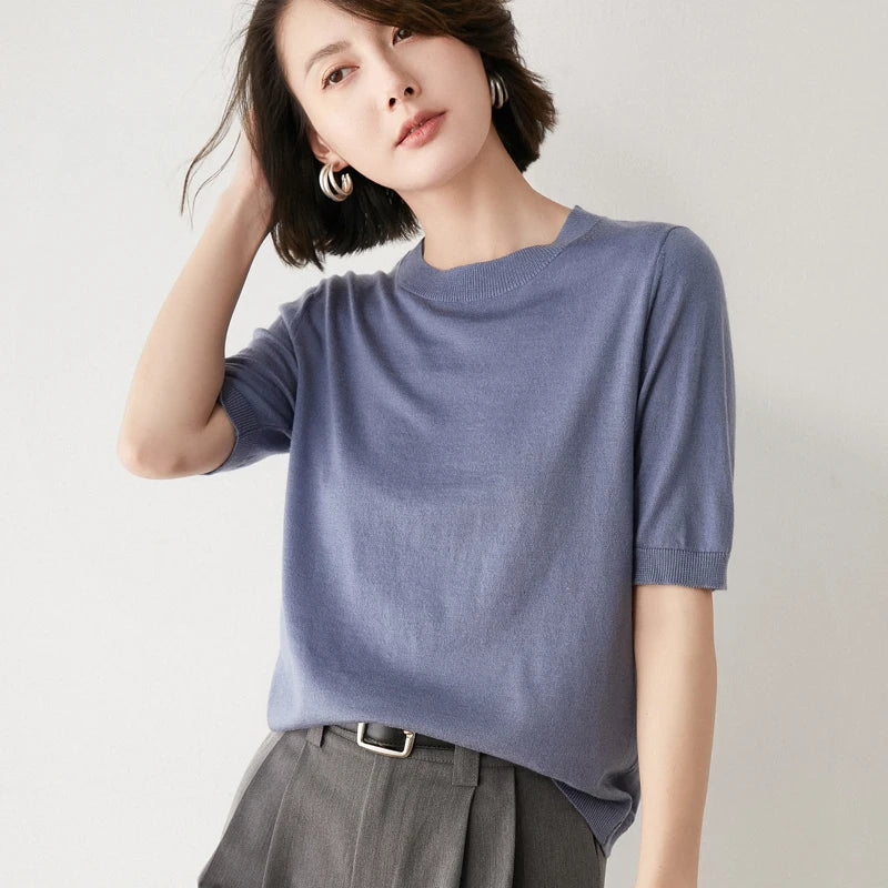 New Arrival Summer Cashmere Wool Sweater Spring Summer Women Solid Short Sleeve O-neck Pullovers Knitted Sweaters