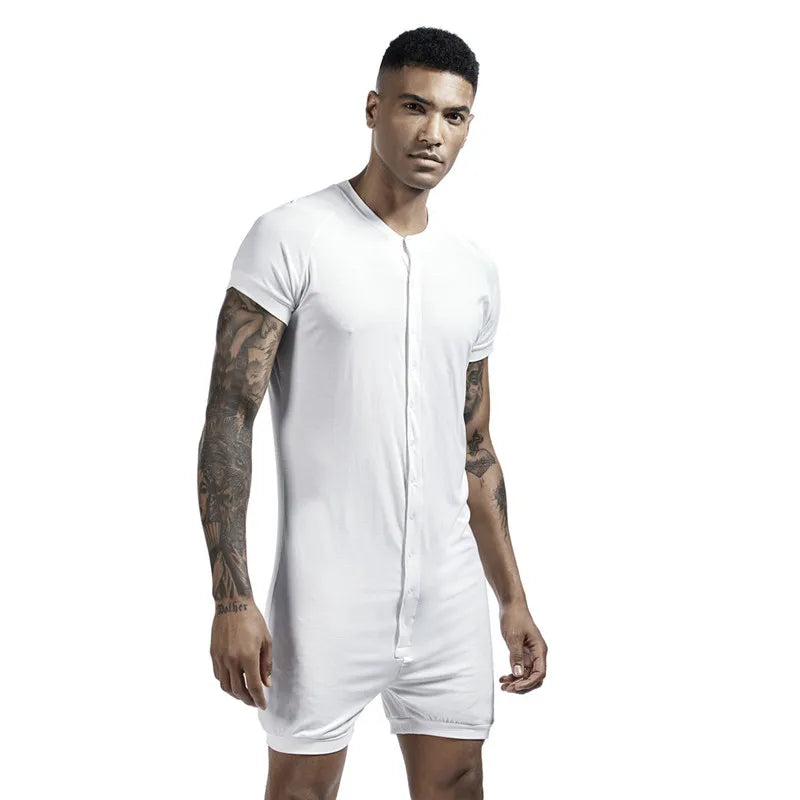 Men's Comfortable Solid Color One-Piece Pajamas with Snap Buttons Super Elastic Sleepwear Jumpsuit for Home