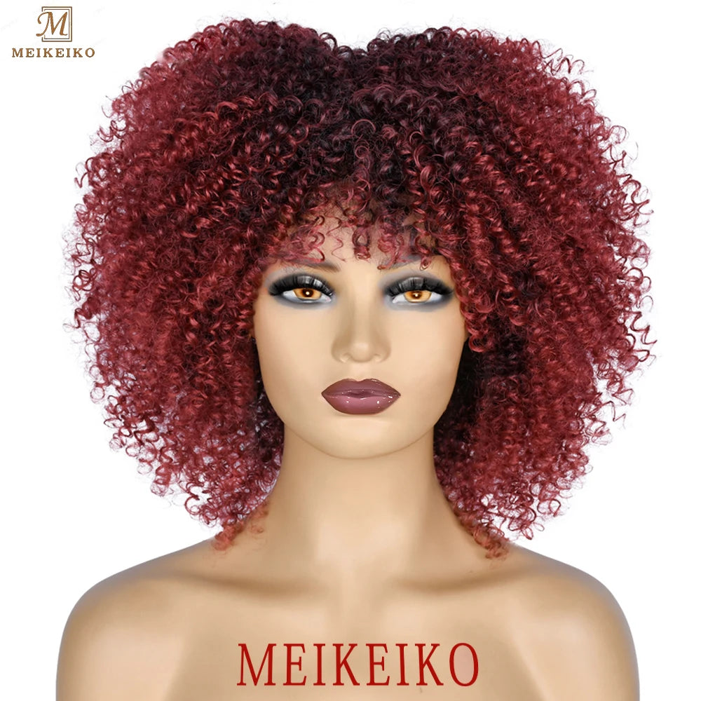 Short Hair Afro Kinky Curly Wigs With Bangs African Synthetic Ombre Glueless Cosplay Wigs for Black Women High Temperature