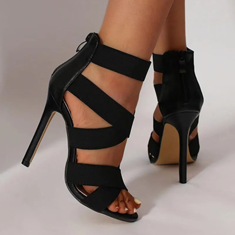 Large Size High Quality Ladies' Summer Stiletto Heels Sandals New Shoes Wide Elastic Cross Ladies' Heeled Pumps Top Layer
