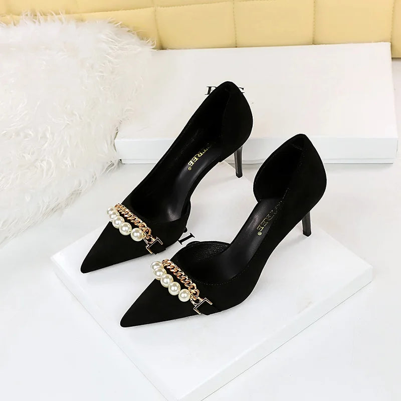 Banquet Pumps 2023 Chaussure Femme Pointed Toe Pearl Chain Shoes Women's Stiletto Heels for Ladies