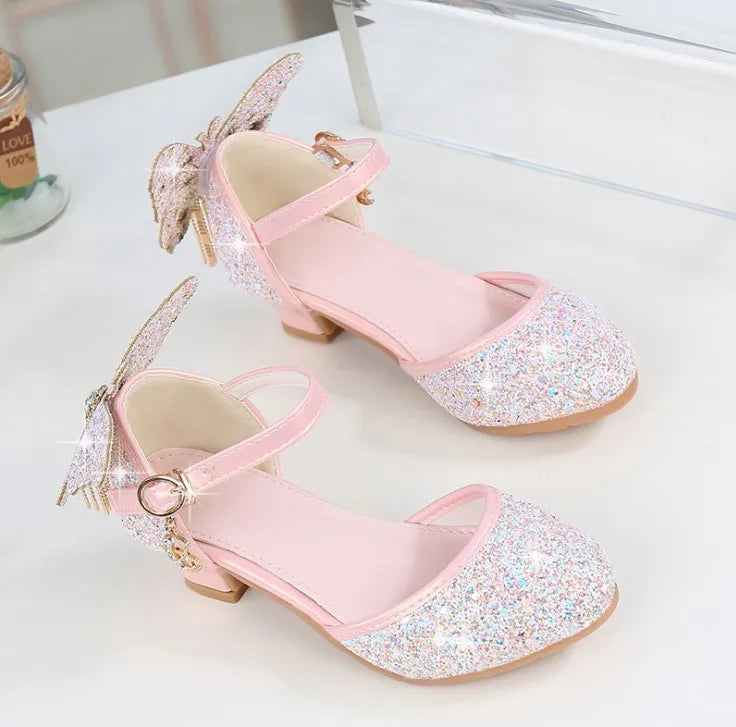 Princess Kids Leather Shoes For Girls Glitter Butterfly Knot Dress Banquet Party Children High Heel Shoe For kids Girls Sandals