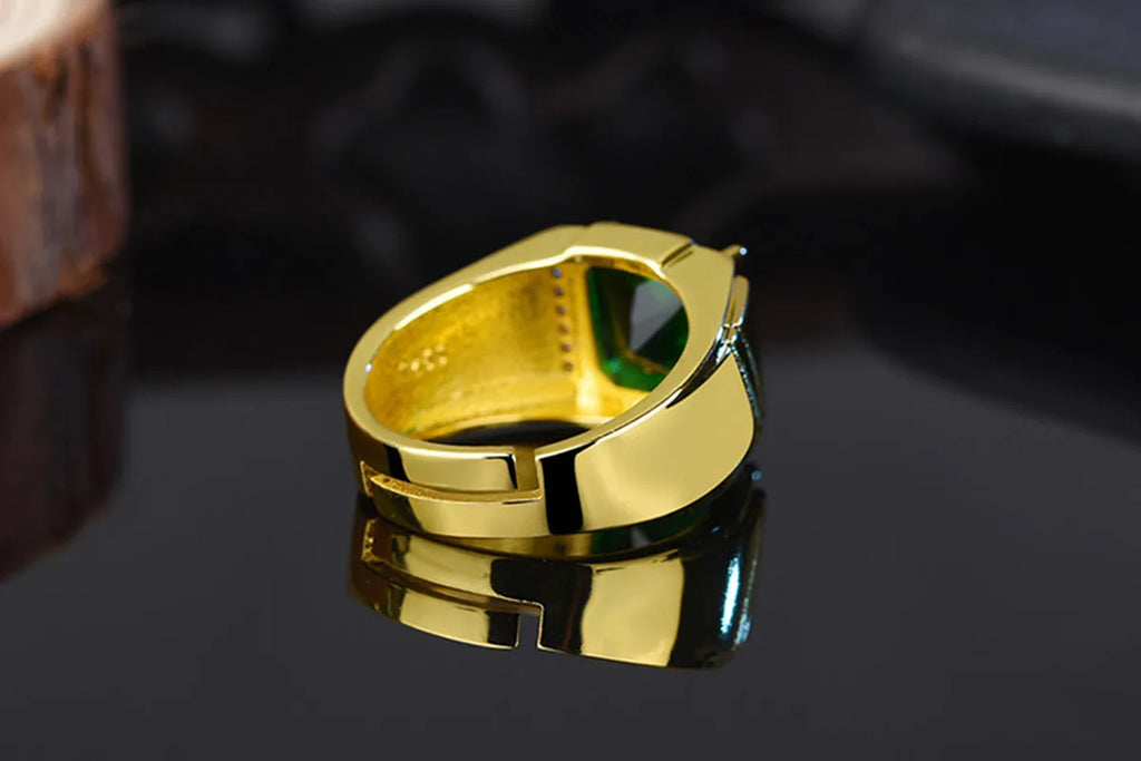Masculine Green Crystal Emerald Gemstones Diamonds Open Rings for Men 18k Gold Filled Jewelry Trendy Finger Band Accessory Bague