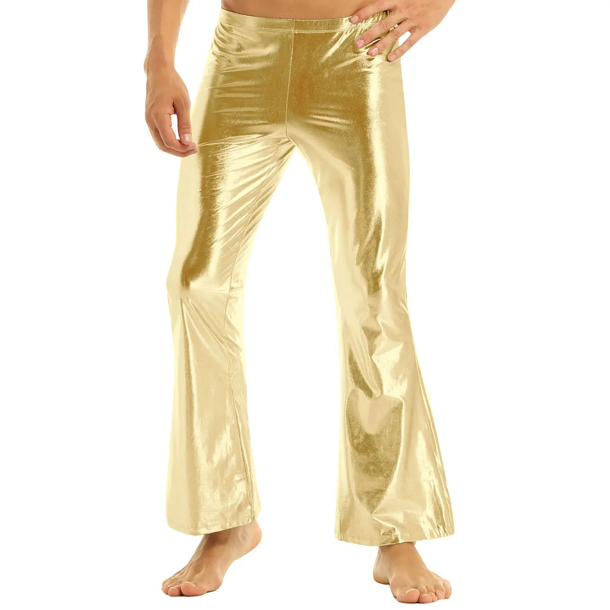 Mens Shiny Metallic 70s Disco Flared Pants Hippie Vintage Hip Hop Carnival Performance Costume Sequins Bell Bottoms Trousers