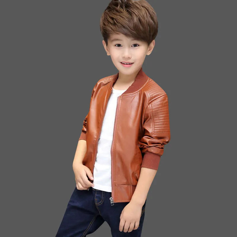Boys Coats Autumn Winter Fashion Children's Plus Velvet / No Velvet Two Styles Warming Cotton PU Leather Jacket For 1-11Y Kids