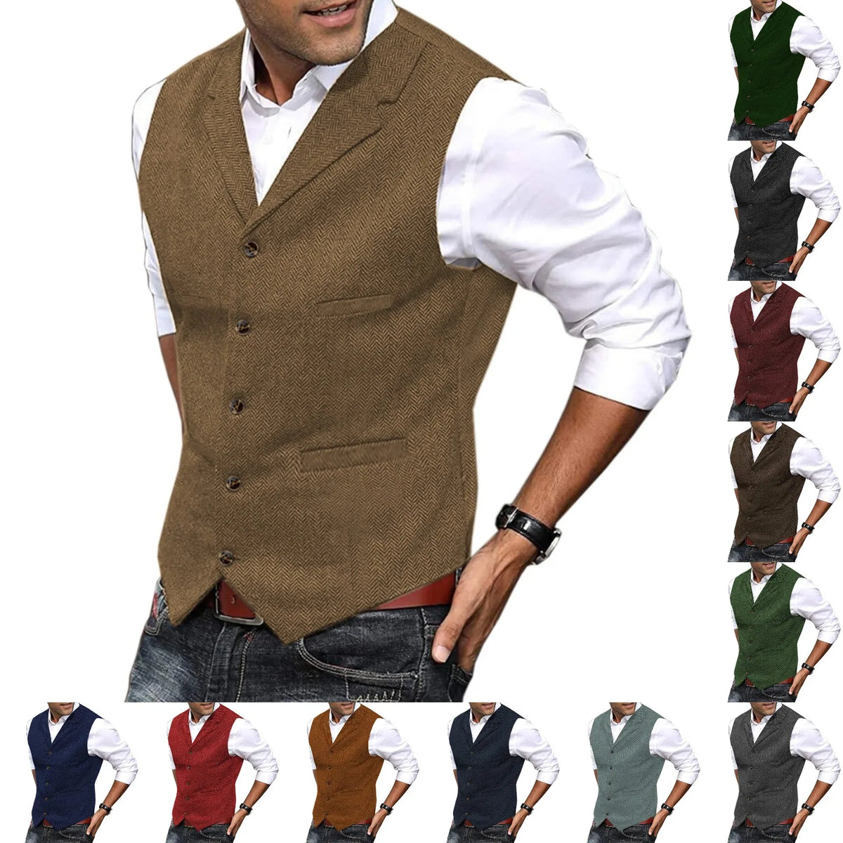 Casual Mens Brown Vest Silver Slim Fit V Neck Tuxedos School Party Green Waistcoat For Wedding Banquet Nightclub