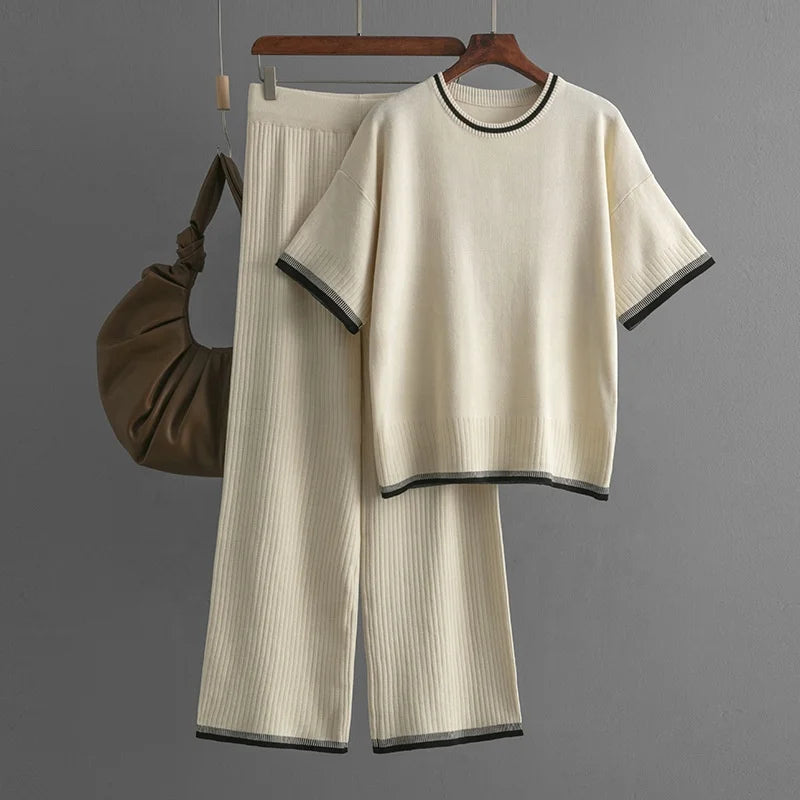 Fashion Women's Loose Sweater Top High Waist Thin Wide Leg Pants Two-piece Set Womens Cotton Knit Pant Sets