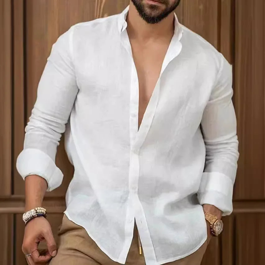 Ohsisa 2025 Men Youth Casual Shirts Cotton Long Sleeve Men's Solid Color Turn-down Collar Button Spring Casual Shirts