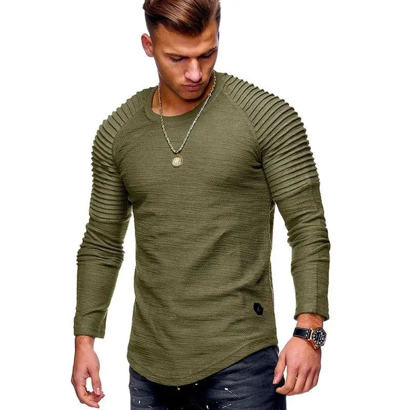 Pleated Long Sleeves Crew Neck Compression Slim Fitted Shirts Quick Dry Custom Men Gym Muscle Training Fitness T Shirt With Logo
