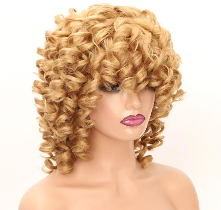 Synthetic  With Bangs Black Red Hair Shoulder Length Heat Resistant Fiber for Africa America Black Women  Afro Kinky Curly Wig