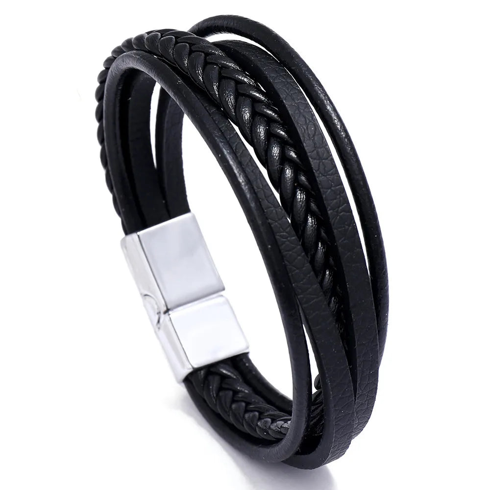 Genuine Leather Bracelet for Men Simple OL Style Man Bracelet Bangle Alloy Magnetic Clasp Wristband Hand Jewelry Bracelet Homme