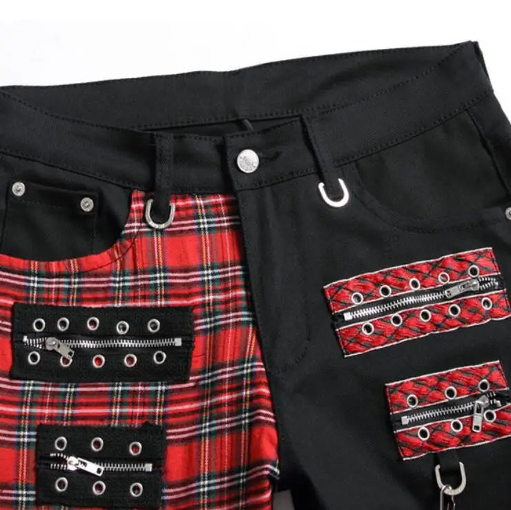 Korean Fashion Red Plaid Patchwork Punk Rivet Men Slim Jeans Trousers Skull Letters Print Hip Hop Chain Denim Pants