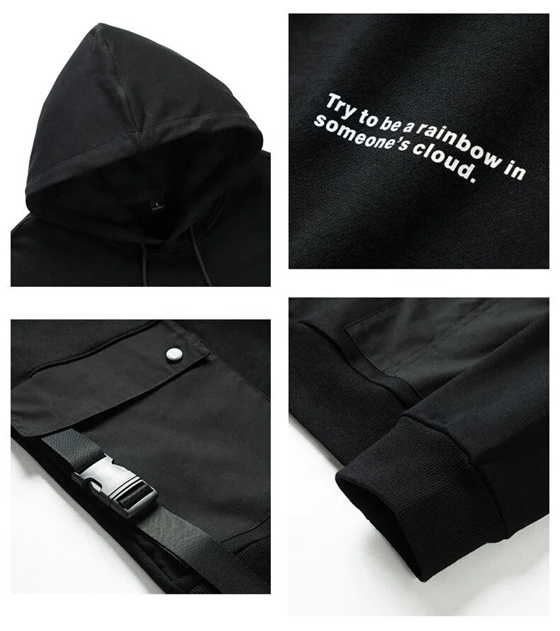 Black Mens Hooded Long Sleeve Pullover Cargo Pocket Streetwear