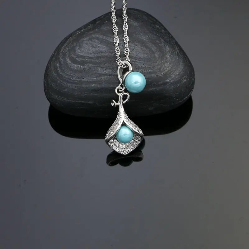 925 Silver Jewelry Sets For Women Party Accessories Blue Pearl Beads White Crystal Earrings Necklace Peandant Ring Set