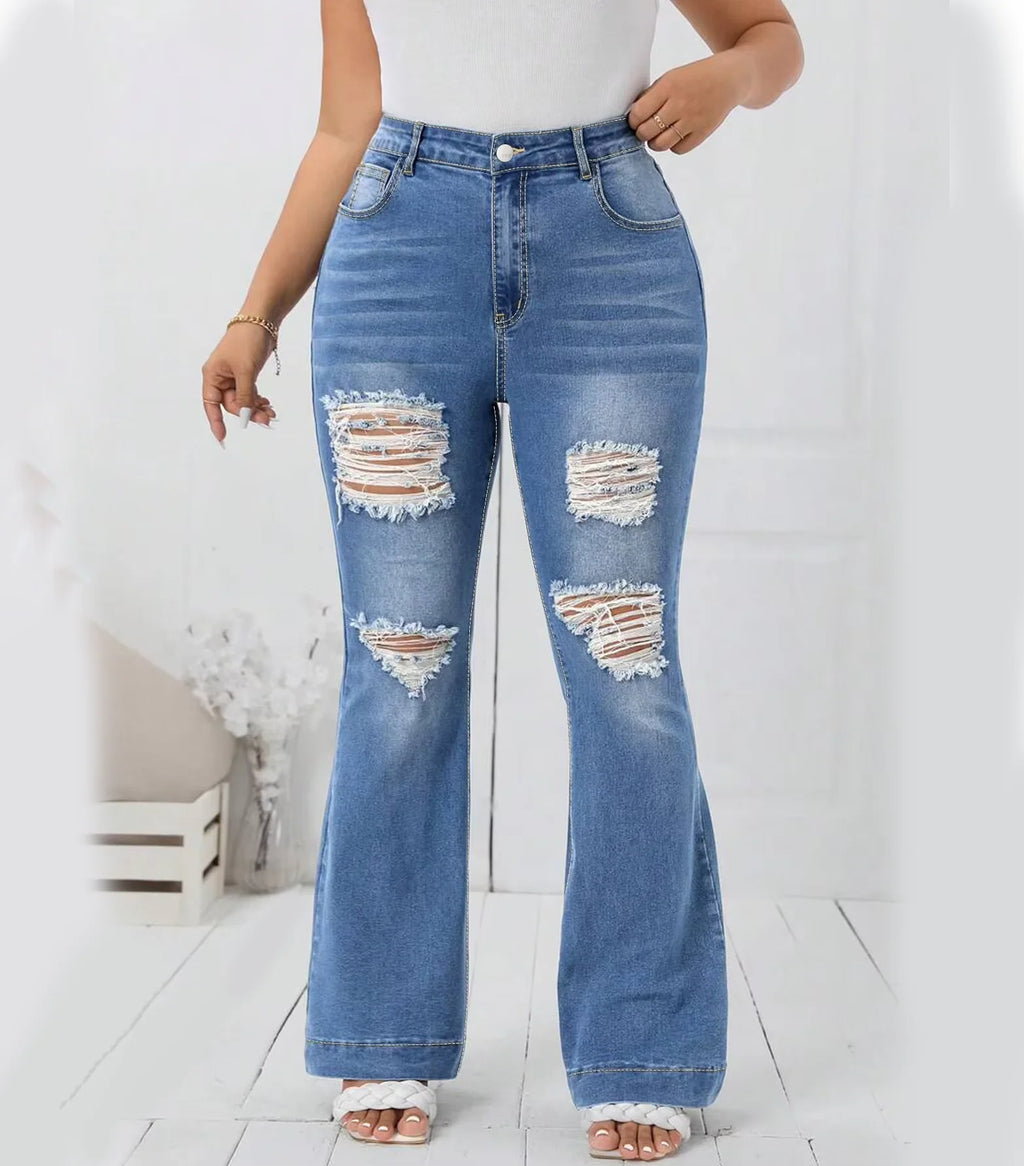 Wholesale Plus Size High Quality Light Blue Wide Leg Feet Long Flare Denim Jeans Pants Ripped Baggy Loose Leg Women Denim Jean