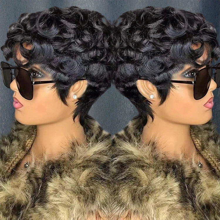 Pixie Cut Short Bob Wig for Black Women 100% Brazilian Human Hair  Made Wigs Glueless Natural Black Color Curly Human Hair