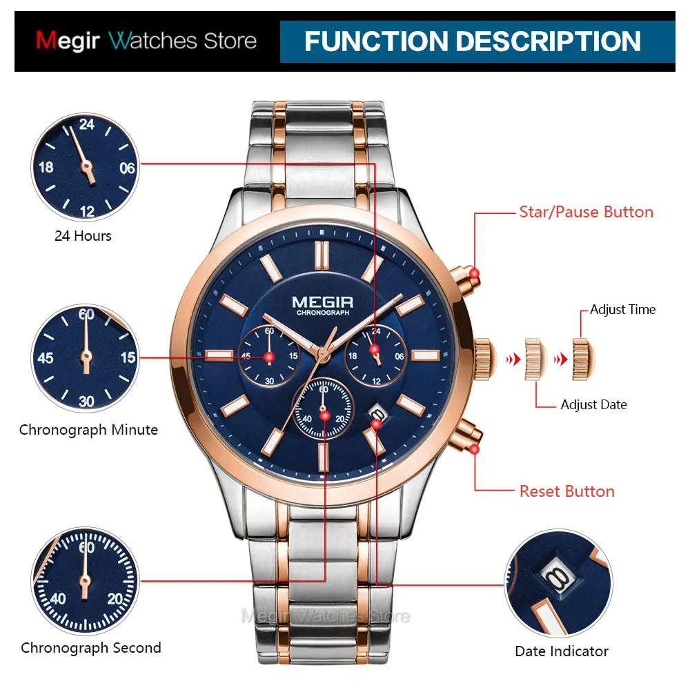 MEGIR Watches for Men 2021 New Chronograph Quartz Watch Luxury Stainless Steel Wristwatch Man Relogios Masculino часы мужские
