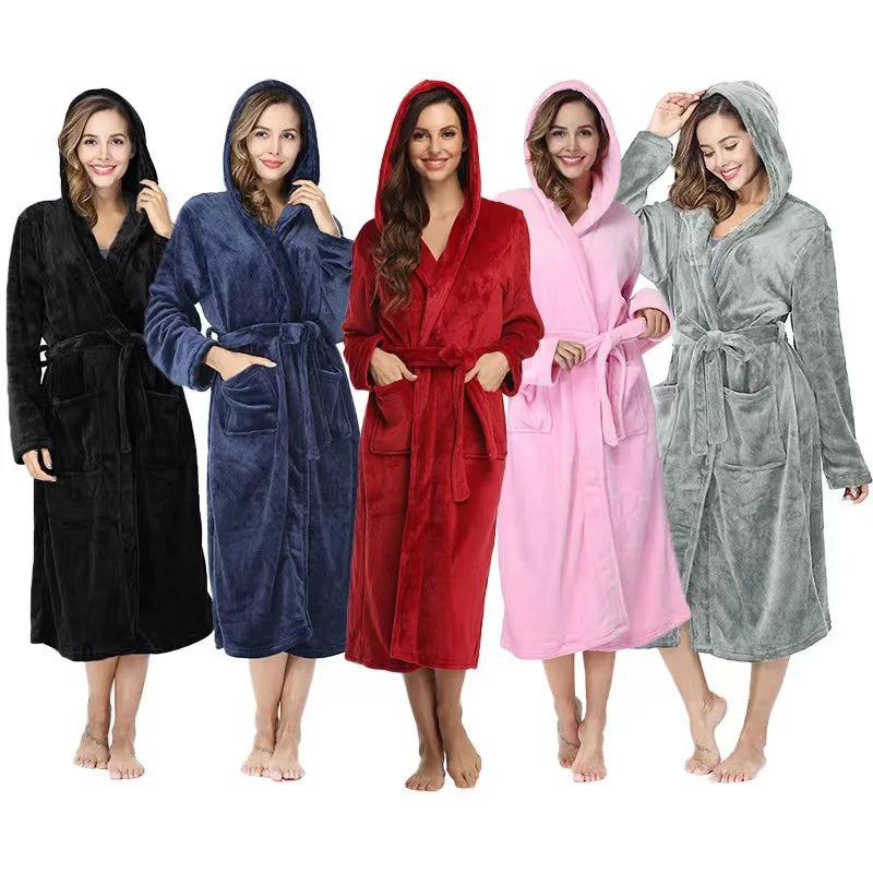Plush Oversize Winter Soft Warm Long Flannel Bathrobe with Hooded Women Thick Night Fleece Bath Robes Dressing