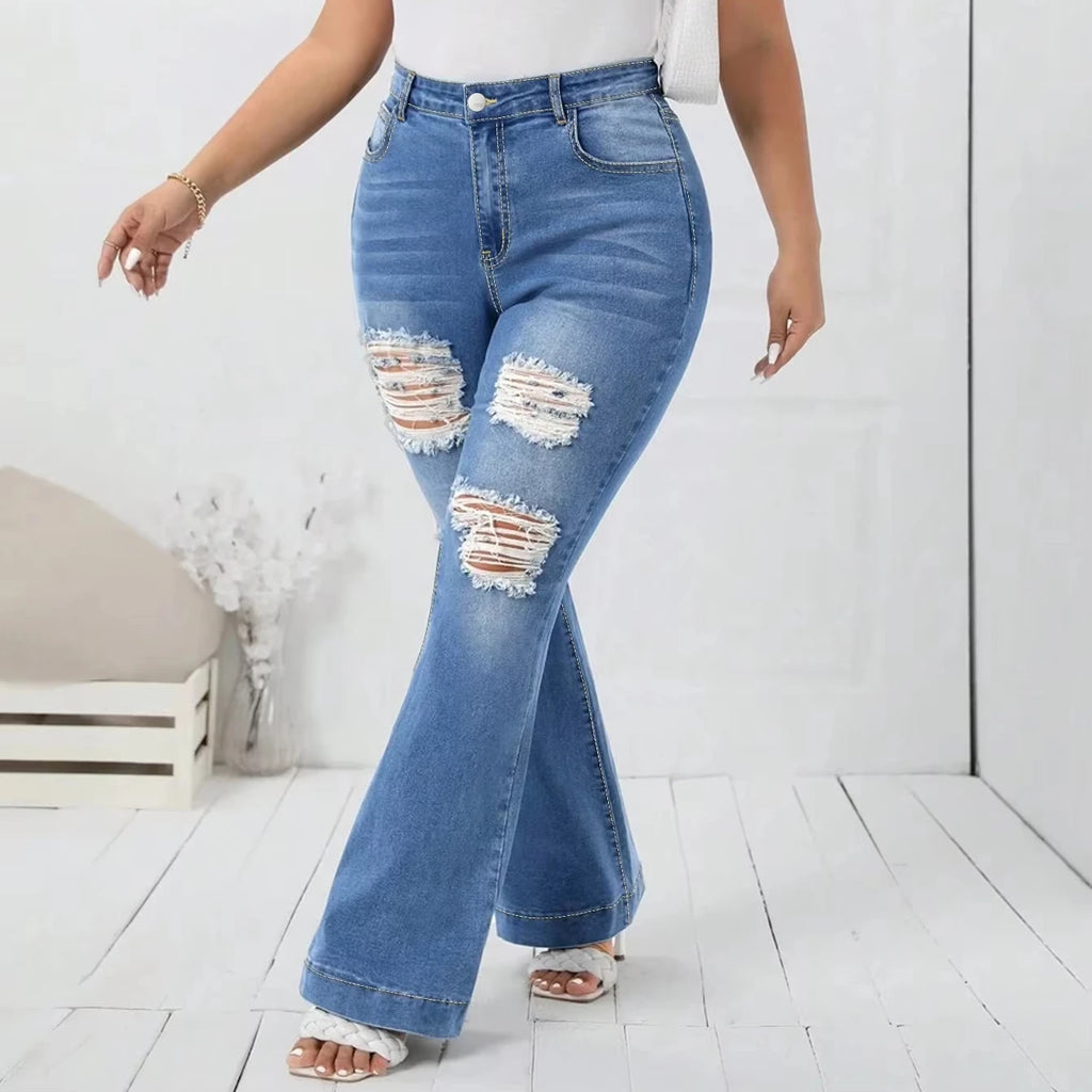 Wholesale Plus Size High Quality Light Blue Wide Leg Feet Long Flare Denim Jeans Pants Ripped Baggy Loose Leg Women Denim Jean