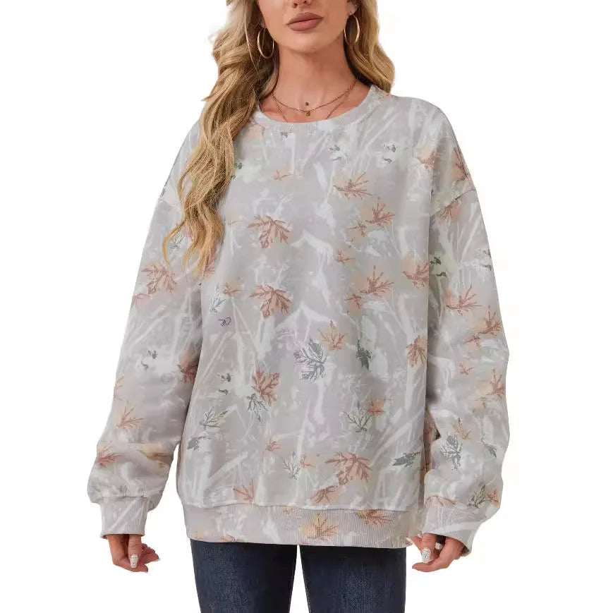 Women's Camouflage Sports Knit Shirt Maple Leaf Print Sweaters Oversized Loose Casual Sweater Large Size