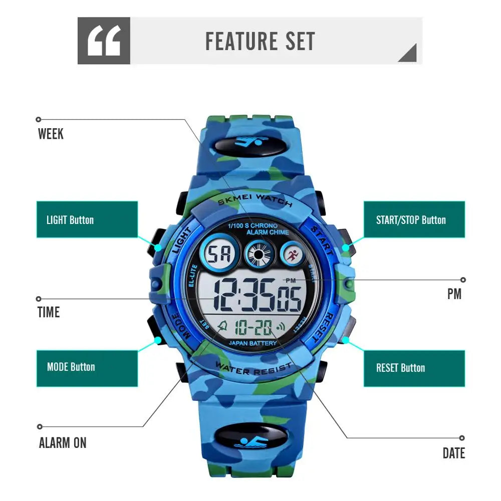 SKMEI Children LED Electronic Digital Watch Stop Watch Clock 2 Time Kids Sport Watches 50M Waterproof Wristwatch For Boys Girls