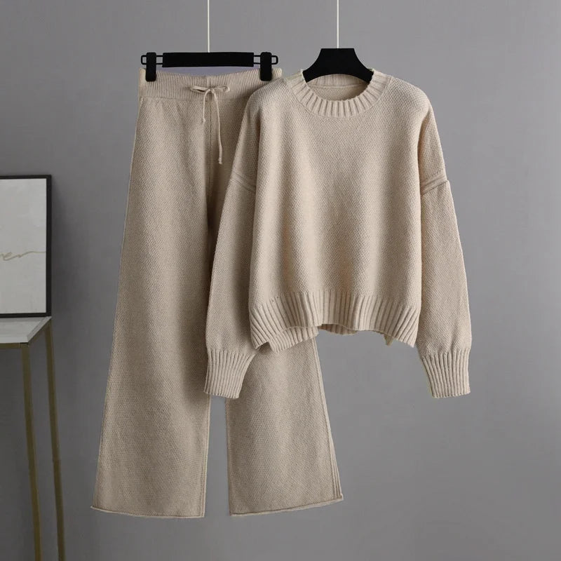 Autumn and Winter New Fashion Casual Knit Suit Pants Women's Version of Loose Sweater Wide Leg Trousers Long Pants Two-piece Set