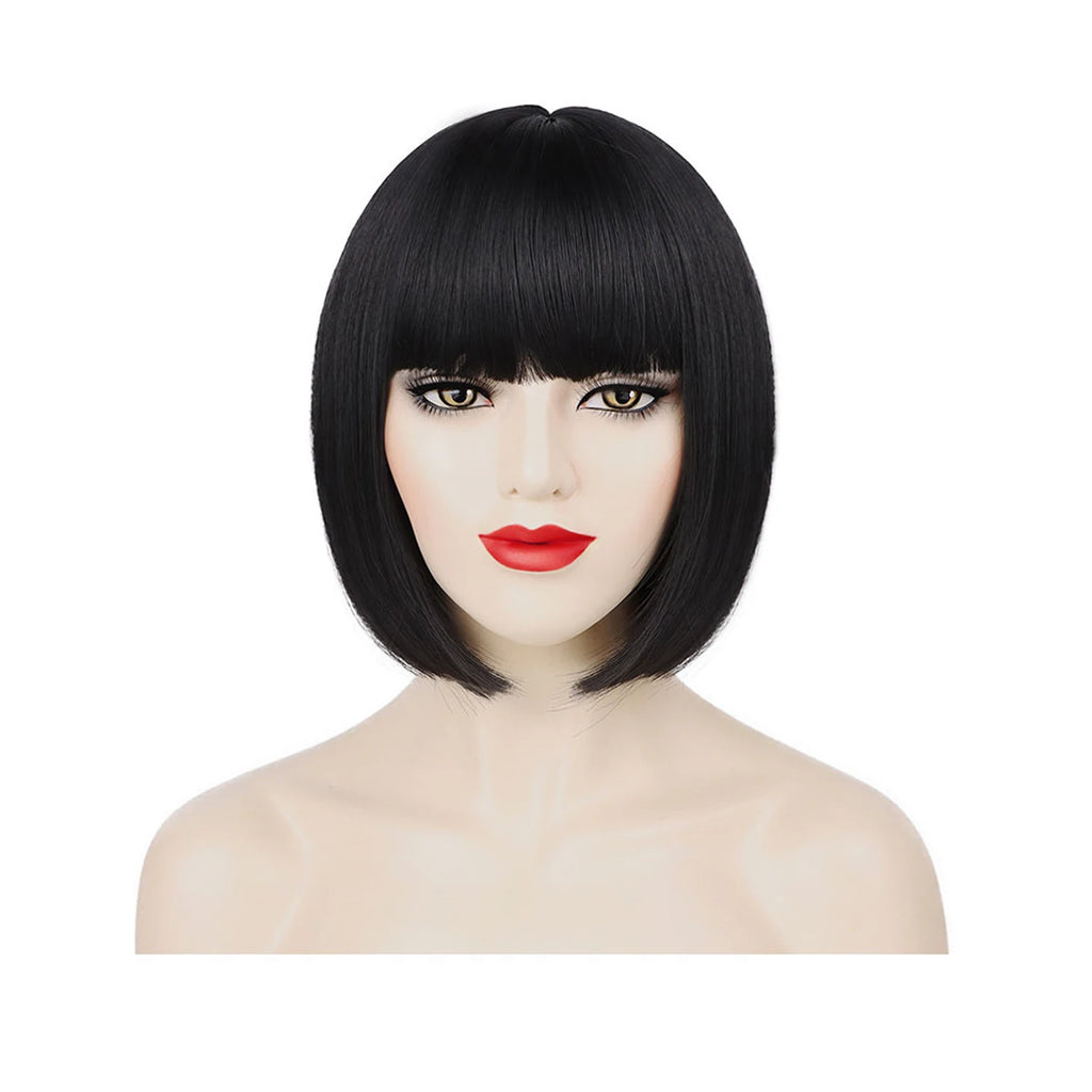 Short Black Straight Wig with Bangs Women Bob Shoulder Length Wigs Heat Resistant Fiber Synthetic Hair Wigs Natural Looking