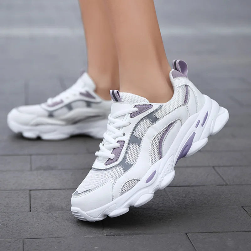 White Breathable Mesh Sports Shoes Cushioning Non-slip Lace-up Lightweight Comfortable Court Sneakers Spring Casual