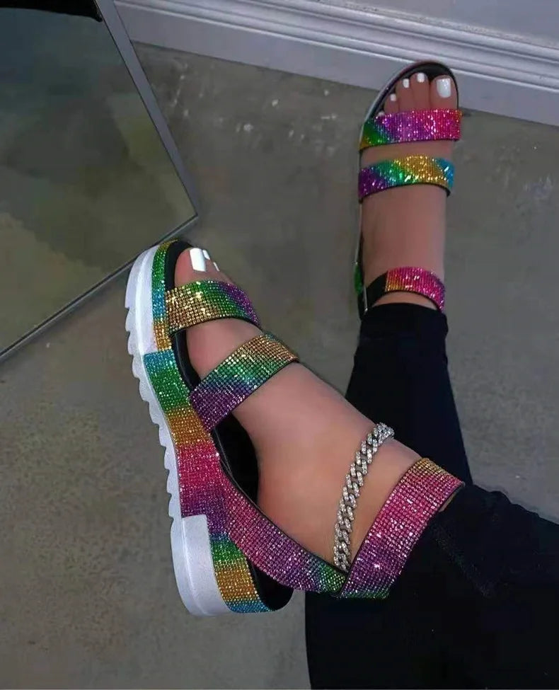 Fashion Silver Rhinestone Shiny Crystal Glitter Platform Sandals Women Slide Slippers Round Anti-slippery Flat Sandals