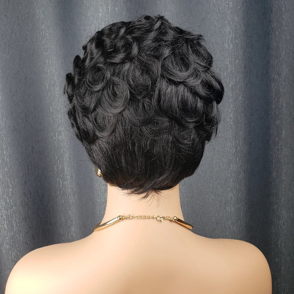 Pixie Cut Short Bob Wig for Black Women 100% Brazilian Human Hair  Made Wigs Glueless Natural Black Color Curly Human Hair