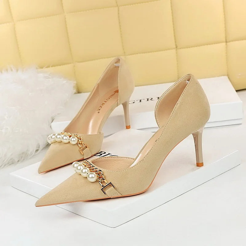 Banquet Pumps 2023 Chaussure Femme Pointed Toe Pearl Chain Shoes Women's Stiletto Heels for Ladies