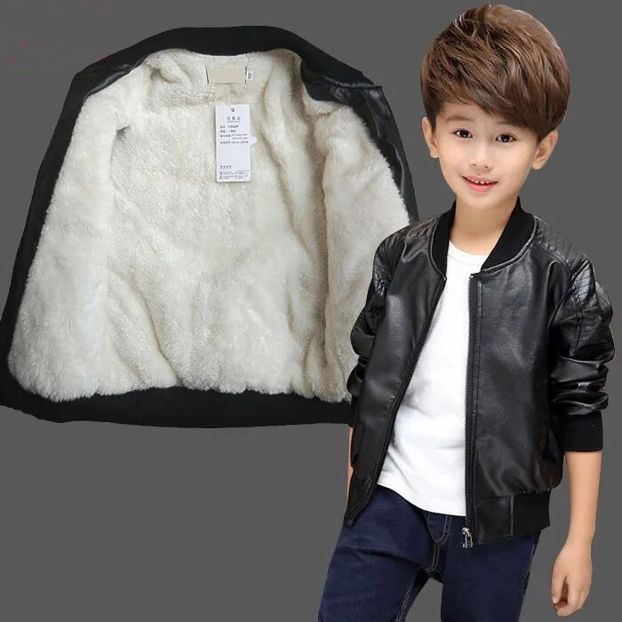 Boys Coats Autumn Winter Fashion Children's Plus Velvet / No Velvet Two Styles Warming Cotton PU Leather Jacket For 1-11Y Kids