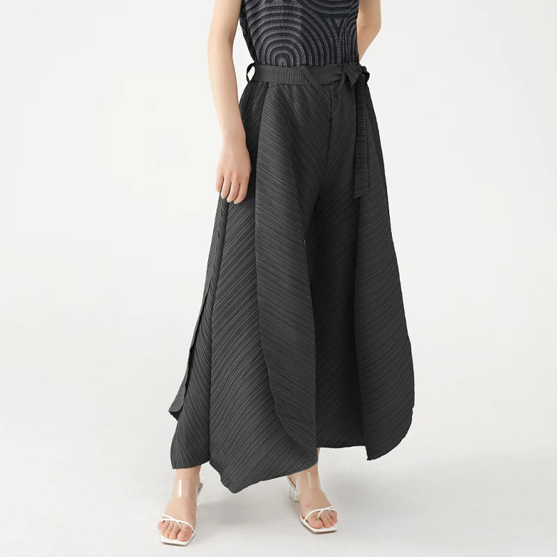 Miyake Pleated Wide Leg Loose Pants Stitching Casual Big Trousers Women Summer Dubai Designer Fashion Belt Aesthetic Clothes