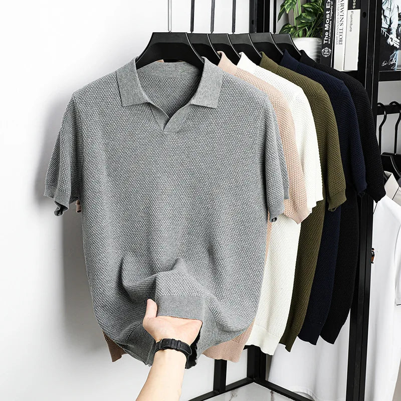 2025 Men Summer New Knitting V-neck Thin Polo Shirt Male Short Sleeve T Shirts Men's Solid Color Casual Tops Tees