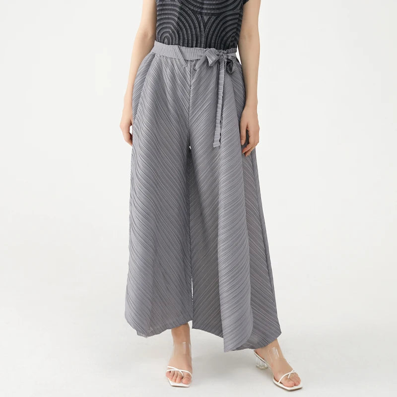 Miyake Pleated Wide Leg Loose Pants Stitching Casual Big Trousers Women Summer Dubai Designer Fashion Belt Aesthetic Clothes