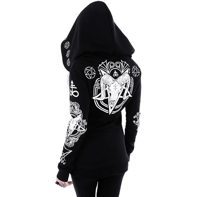 Irregular Black Punk Hoodie with Sheep Head and Moon Print Hoodie
