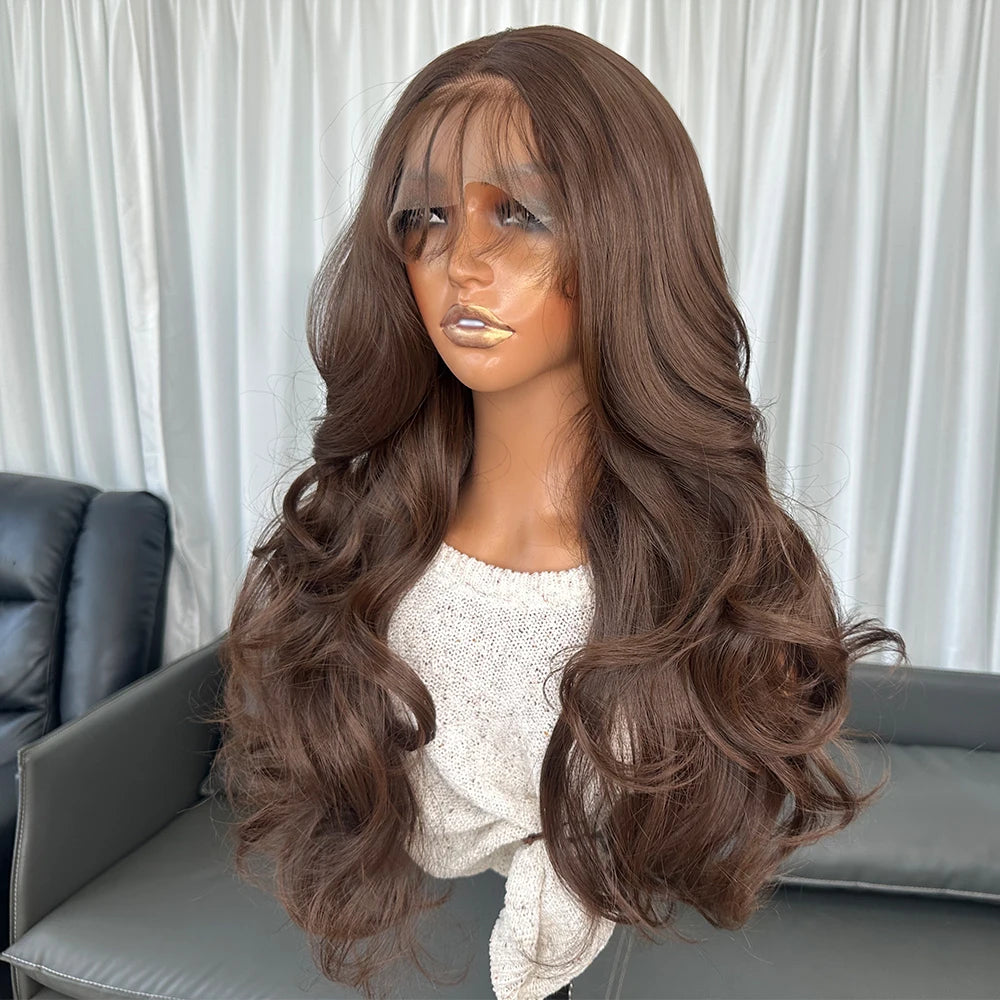 Long Body Wavy Brown Wigs Futura Fiber Hair 13X4 Heat Resistant Synthetic Lace Front Wigs for Black Women Pre-plucked Hairline